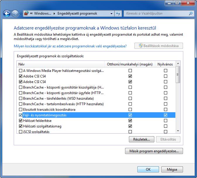 A Start menüből válassza ki a Vezérlőpult, Rendszer és Biztonság, opciókat, majd a Program engedélyezése Windows tűzfalon keresztül lehetőséget.