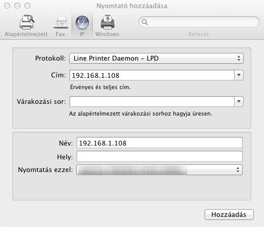 Felkészülés a használatra > A szoftver telepítése Kattintson az IP ikonra IP alapú kapcsolat esetén, majd adja meg az IP-címet és a nyomtató nevét.