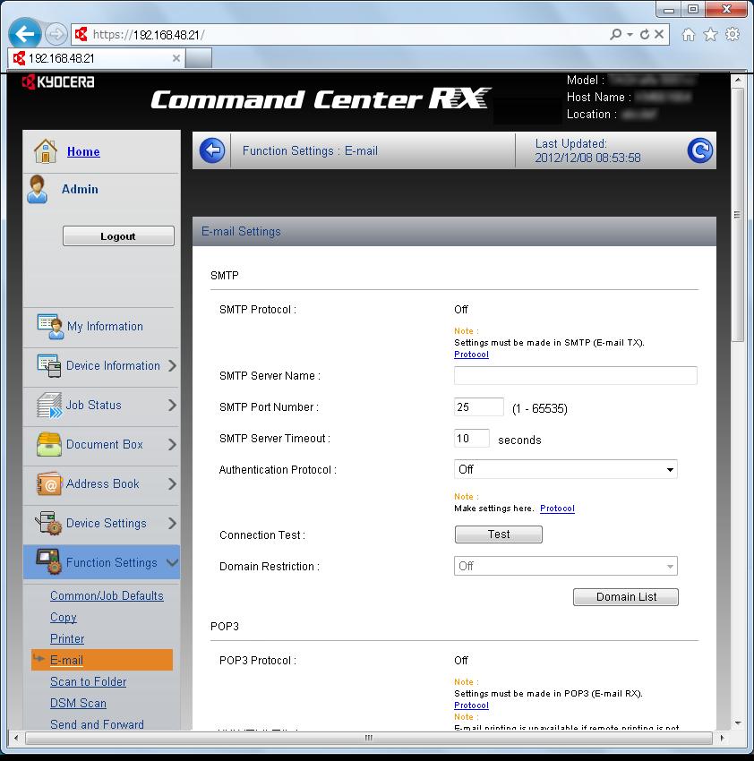 Felkészülés a használatra > Command Center RX E-mail beállítások Az SMTP beállítások konfigurálásával a befejezett feladatokról e-mailes értesítéseket küldhet.