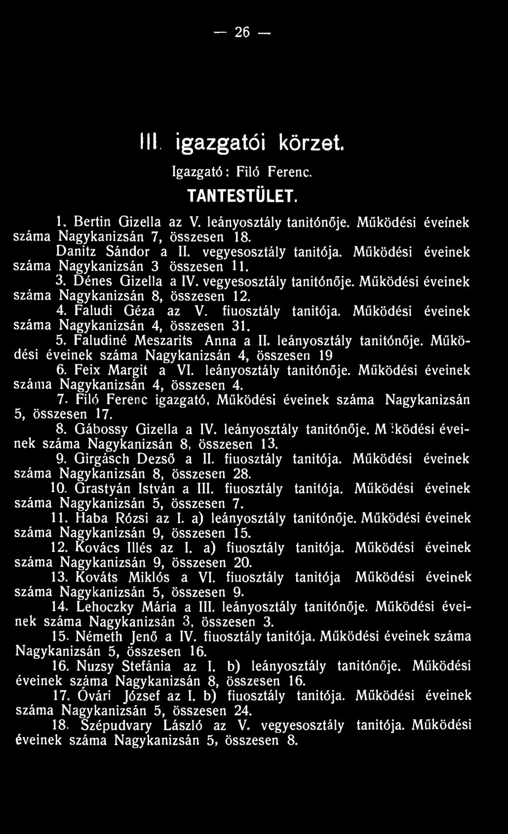 fiúosztály tanitója. Működési éveinek száma Nagykanizsán 4, összesen 31. 5. Faludiné Meszarits Anna a II. leányosztály tanítónője. Működési éveinek száma Nagykanizsán 4, összesen 19 6.