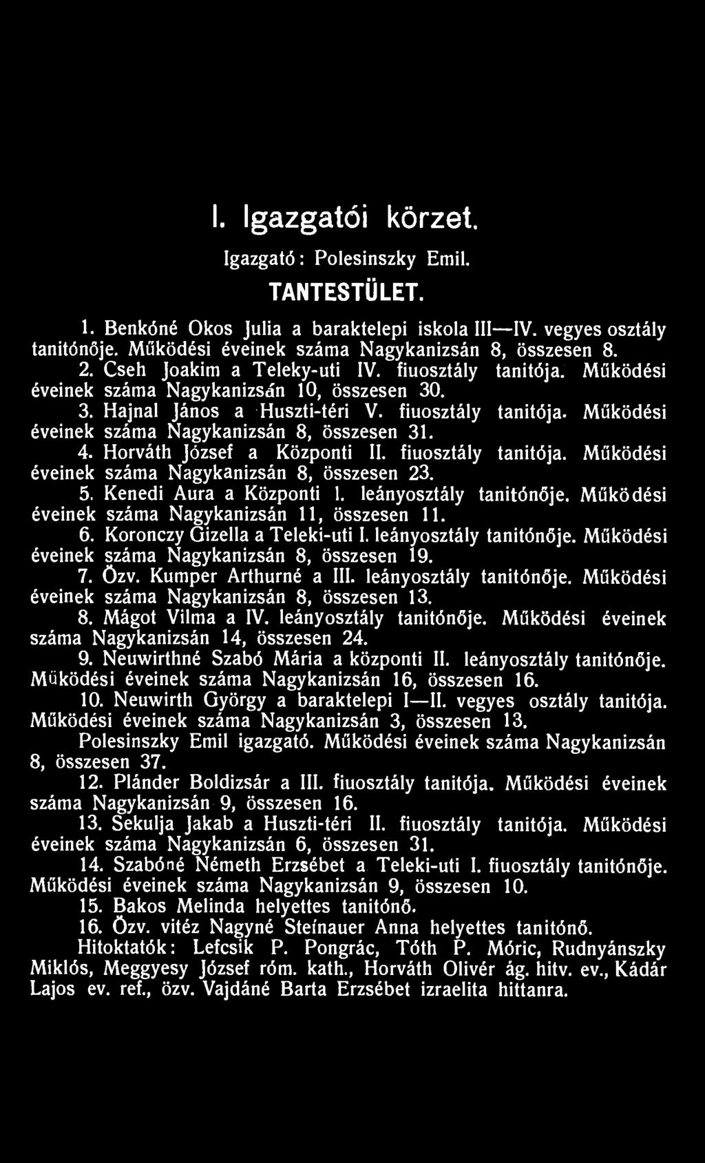 Működési éveinek száma Nagykanizsán 8, összesen 31. 4. Horváth József a Központi II. fiúosztály tanitója. Működési éveinek száma Nagykanizsán 8, összesen 23. 5. Kenedi Aura a Központi 1.