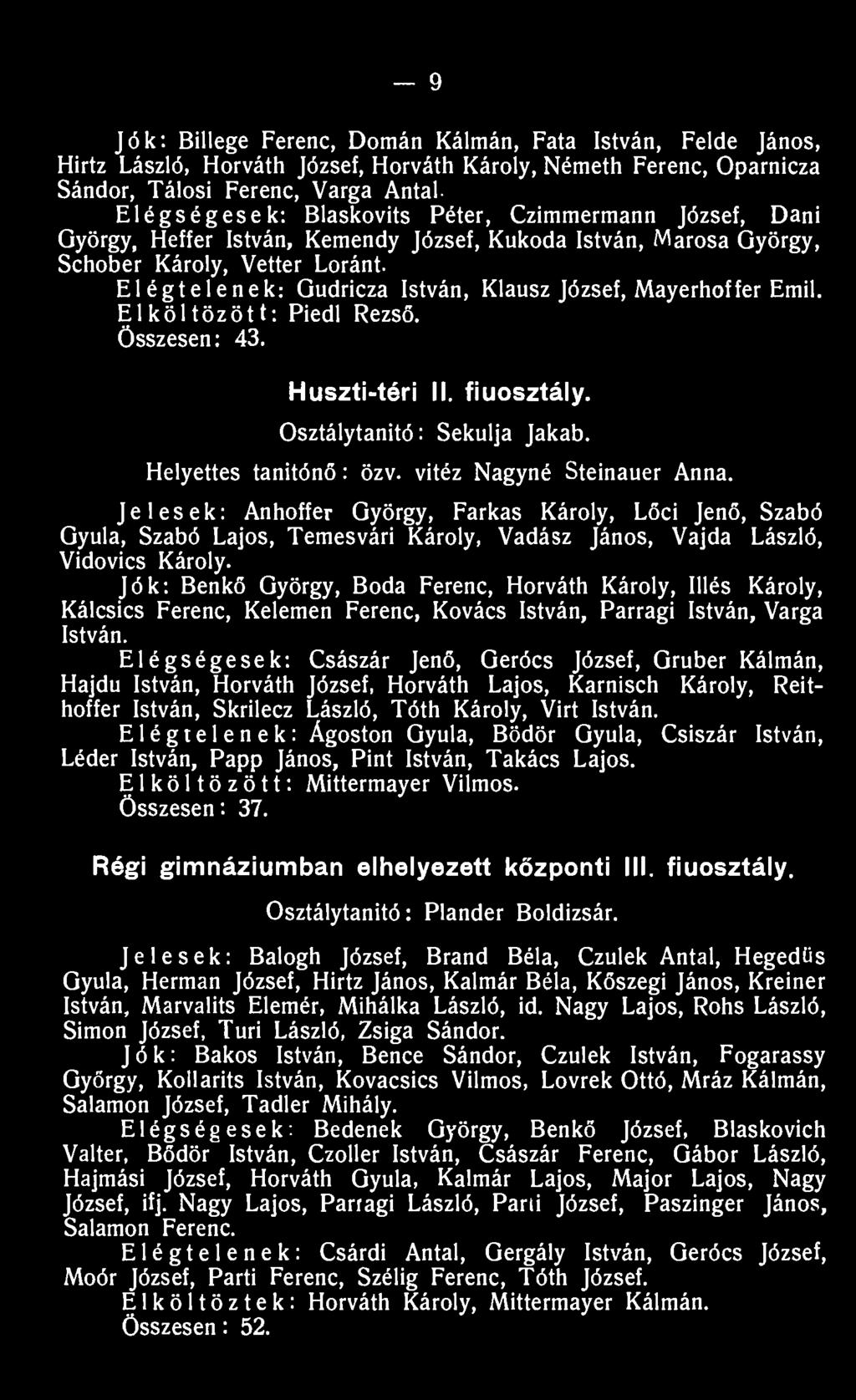 Elköltözött: Piedl Rezső. Összesen: 43. Huszti-téri II. fiúosztály. Osztálytanító: Sekulja Jakab. Helyettes tanítónő: özv. vitéz Nagyné Steinauer Anna.