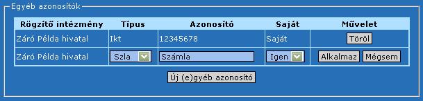 Az Azonosító mező szabad, szöveges mező, melybe begépelhetjük a kívánt azonosítót. A Saját mezőben legördülő listából választhatunk az Igen és Nem lehetőségek közül.