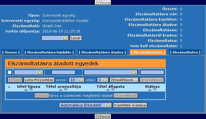 Az Elszámoltatásra átadott egyedek listájában a kötegben lévő egyedeket tekinthetjük meg.