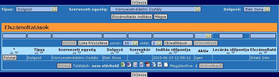 ábra: Elszámoltatás Dolgozó A folyamat további működése megegyezik a 7.2.2.1.1. Elszámoltatás Szervezeti egység fejezetben leírtakkal. 7.2.2.1.3.