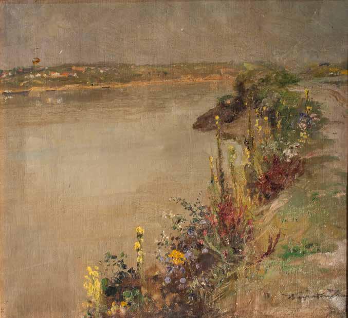 tétel KÁRPÁTHY JENŐ ( 1870-1950 ) Virágos vízpart 40 x 43 cm Olaj, vászon
