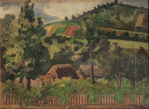 23. tétel KUNFFY LAJOS ( 1869-1962 ) Házak a domboldalon 30 x 40 cm Olaj,