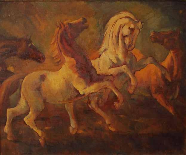 117. tétel GÁBOR JENŐ ( 1893-1968 ) Lovak 57 x 69 cm Olaj, vászon