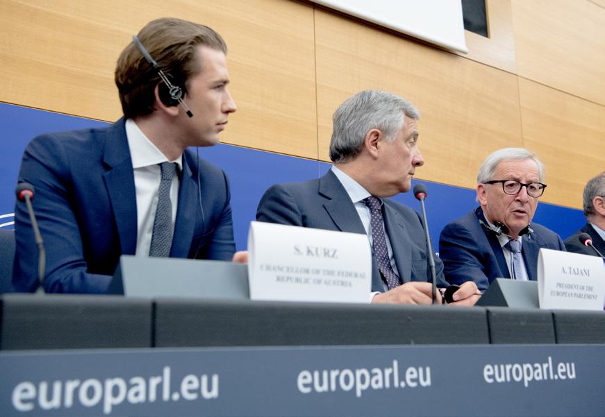 Jogalkotási prioritások: a jelenlegi helyzet Sebastian Kurz osztrák kancellár, Antonio Tajani, az Európai Parlament elnöke, és Jean-Claude Juncker, az Európai Bizottság elnöke egy strasbourgi