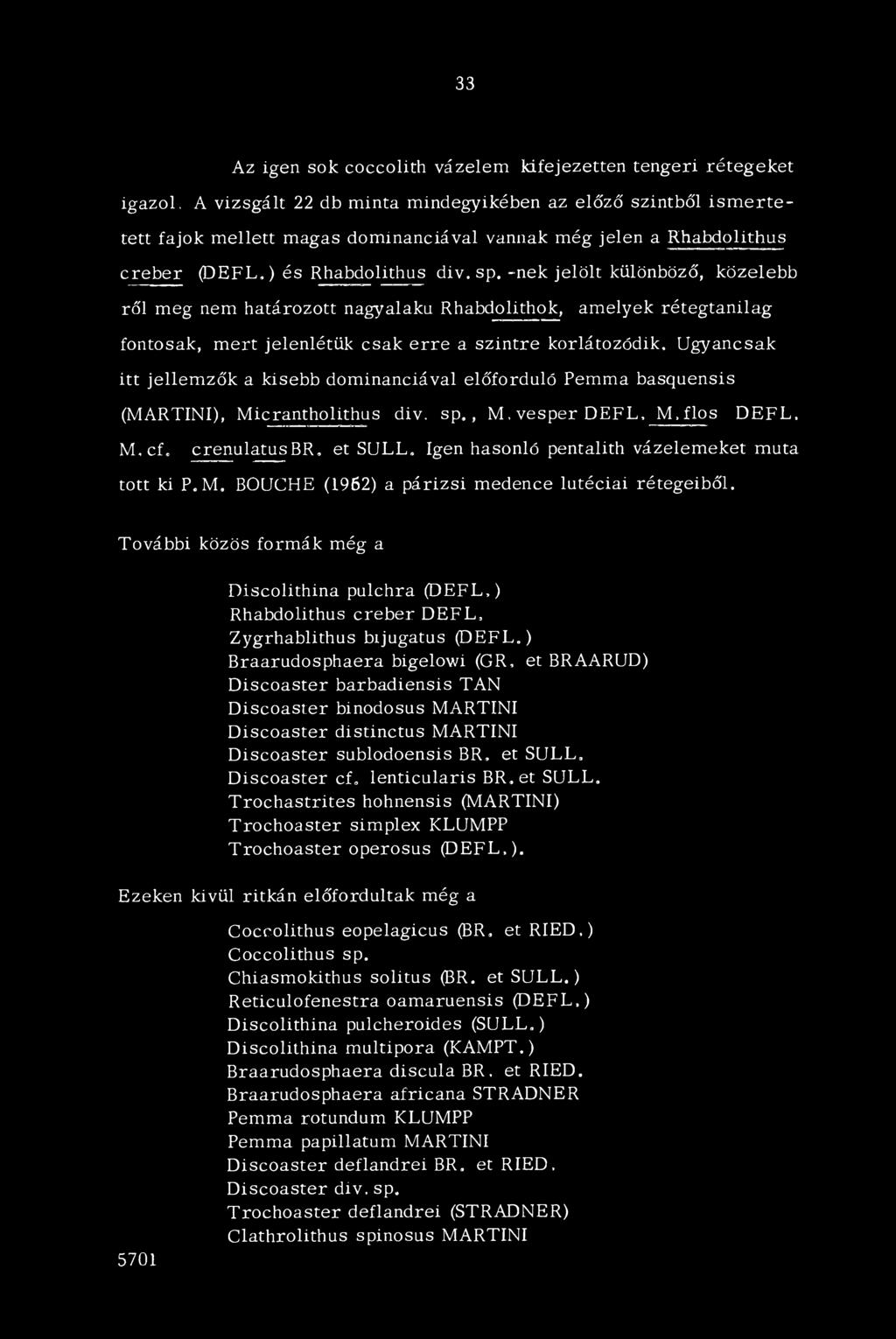 -nek jelölt különböző, közelebb ről meg nem határozott nagyalakú Rhabdolithok, amelyek rétegtanilag fontosak, mert jelenlétük csak erre a szintre korlátozódik.