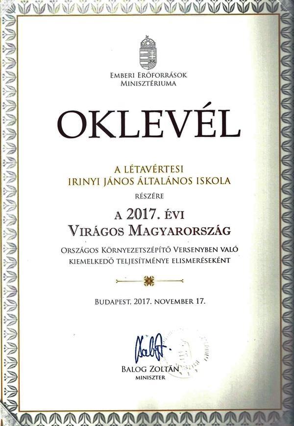 A Létavértesi Irinyi János Általános Iskola hírei: Miniszteri dicséretben részesült az Irinyi János Általános Iskola A Virágos Magyarország környezetszépítő versenyben az idei évben Létavértes