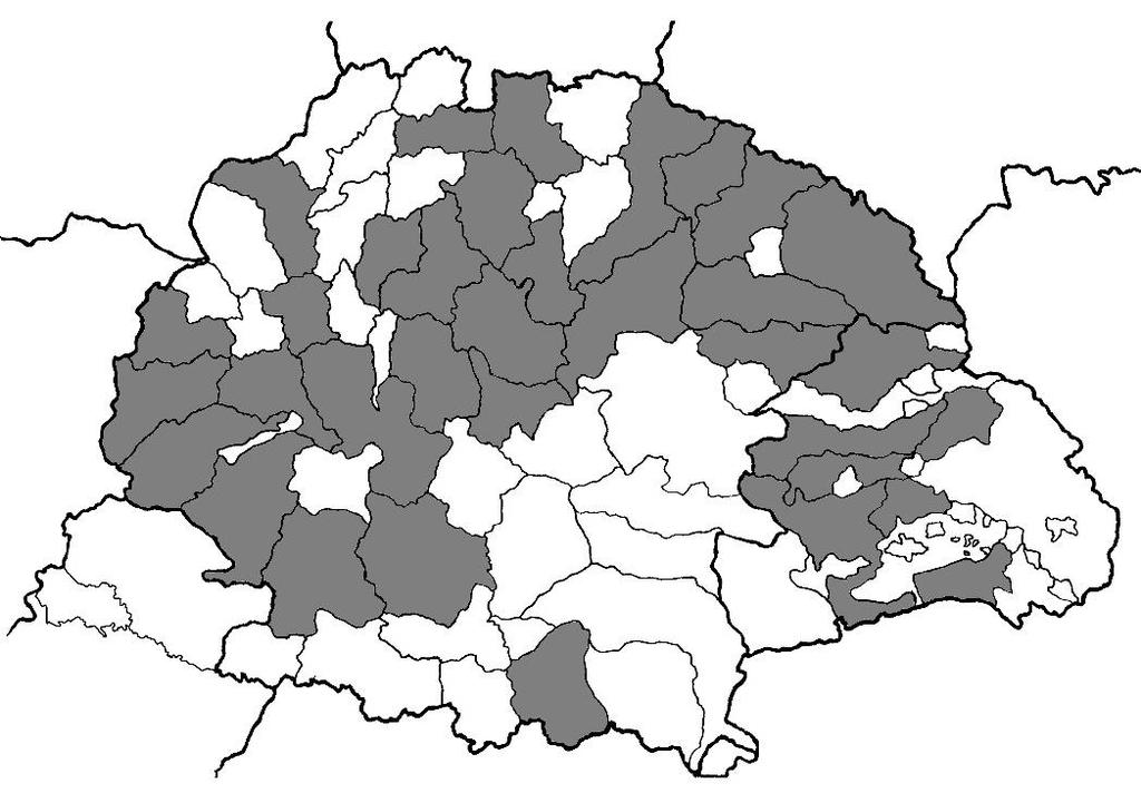 5.2. A jóval kisebb ám a hangtörténeti vizsgálatok számára a koraiságuknál fogva igen jelentős értékkel bíró helynévi szórványok is hasonló képet mutatnak, ezt a következő térképen láthatjuk. 2.