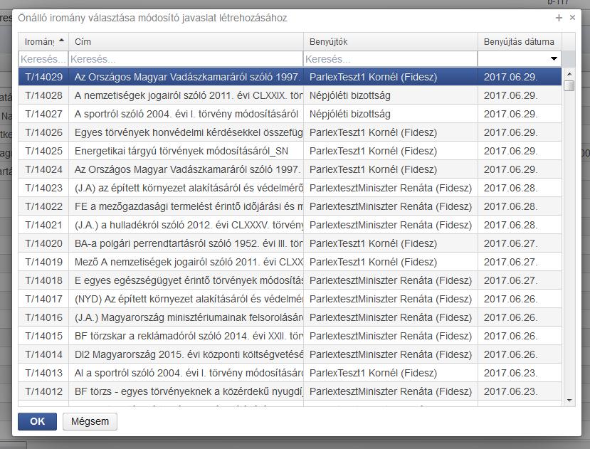 Kiválasztva valamelyik önálló indítványt, létrejön a módosító javaslat tervezete