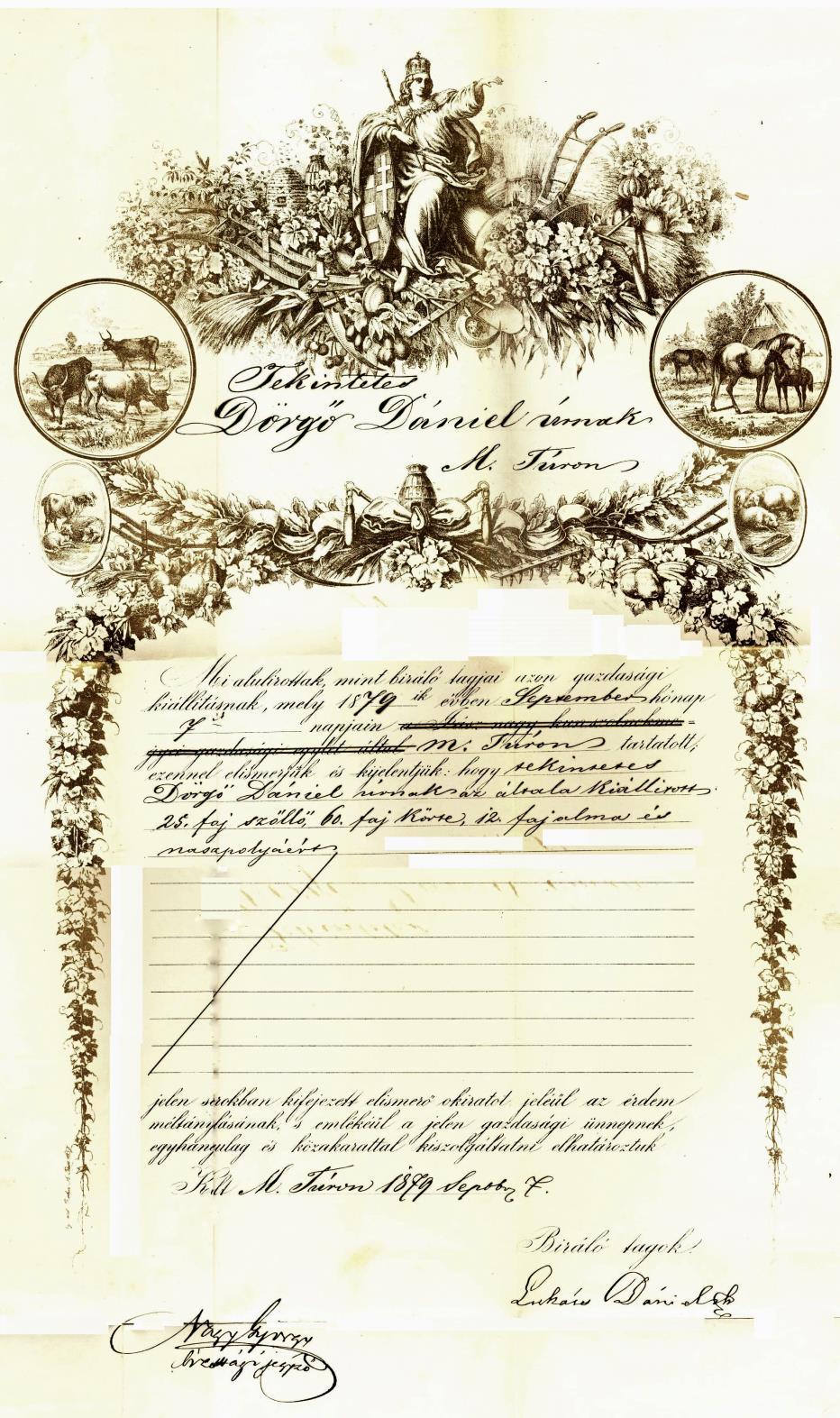 KÉPEK KÉPEK Dörgő Dániel dicsérő oklevele a Mezőtúron, 1879.