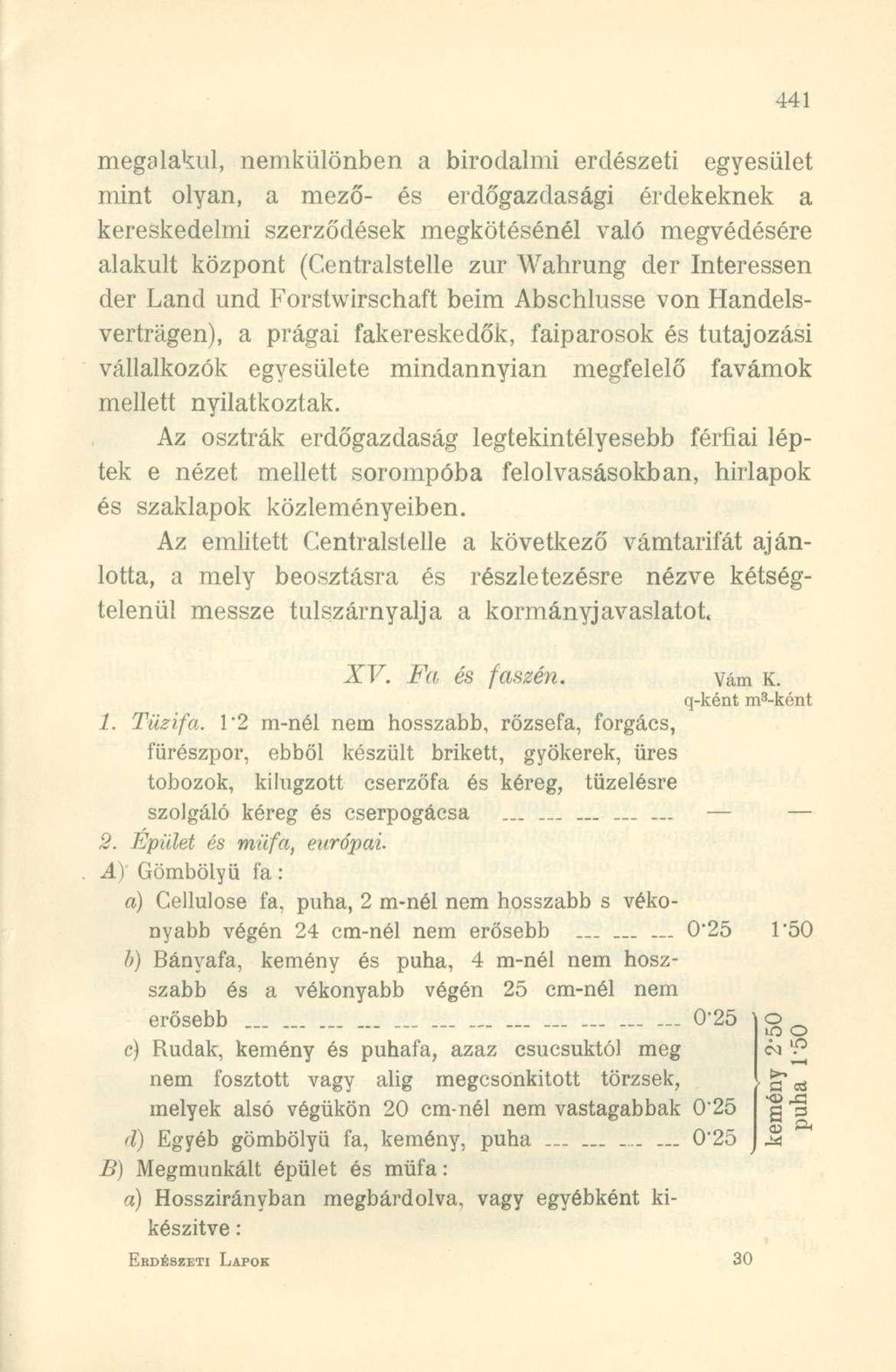 megalakul, nemkülönben a birodalmi erdészeti egyesület mint olyan, a mező- és erdőgazdasági érdekeknek a kereskedelmi szerződések megkötésénél való megvédésére alakult központ (Centralstelle zur