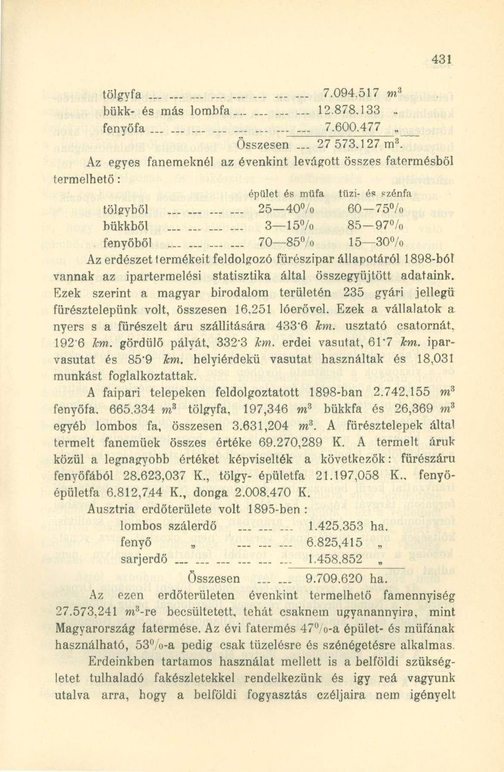 tölgyfa 7.094.517 m 3 bükk- és más lombfa 12.878.133.. fenyőfa 7.600.477. Összesen... 27 573.127 m 3.