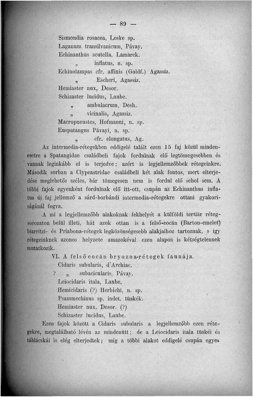 -; 89 Sismondia rosacea, Leske sp. Laganum transilvanicum, Pávay. Echinanthus scutella, Lamarck. inflatus, n. sp. Eehinolampas cfr. affinis (Goldf.) Agassiz. M Escheri, Agassiz. Hemiaster nux, Desor.