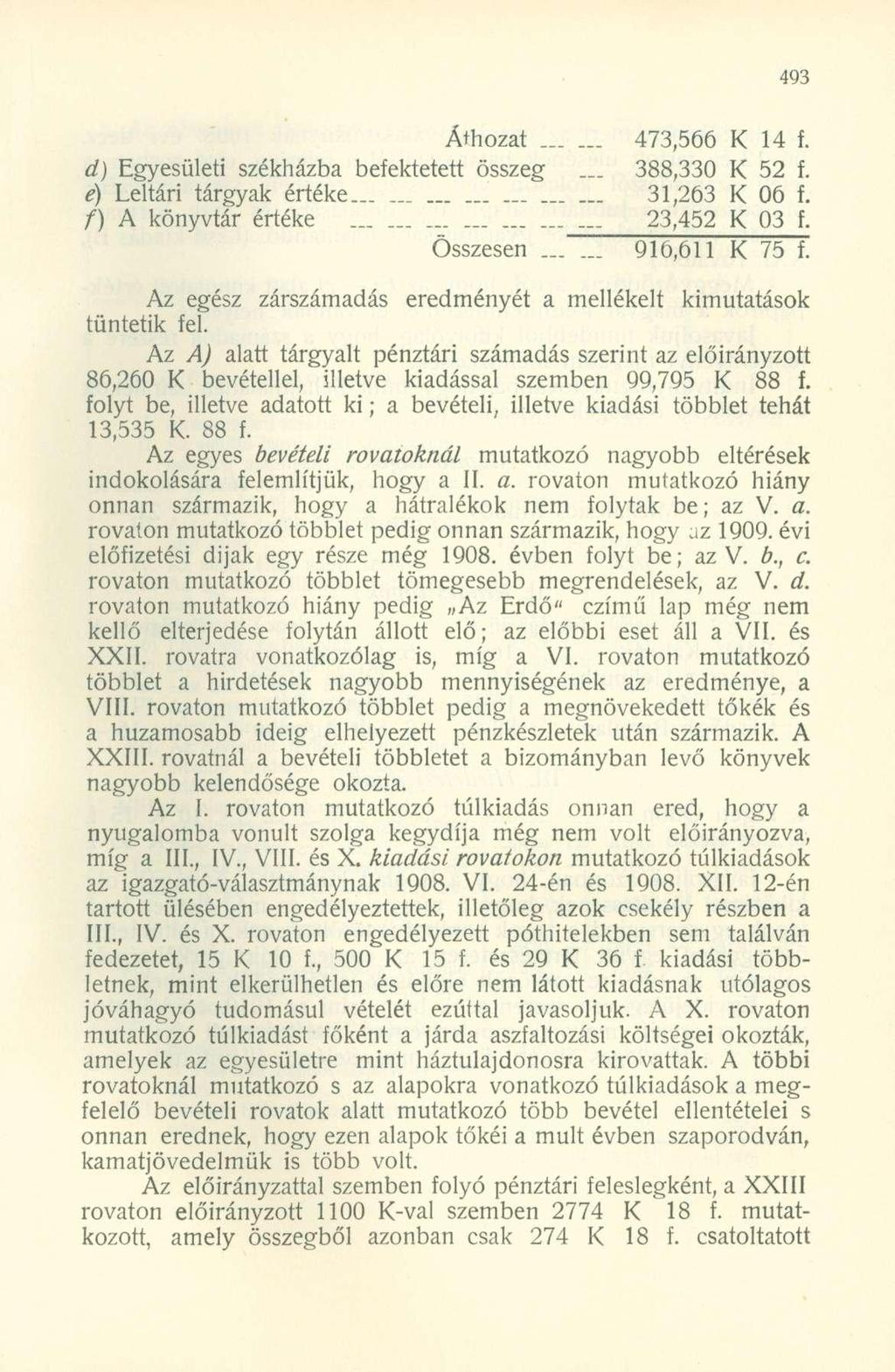 Áthozat 473,566 14. d) Egyesületi székházba beektetett összeg... 388,330 52. é) Leltári tárgyak értéke 31,263 06. /) A könyvtár értéke 23,452 03. 916,611 75.