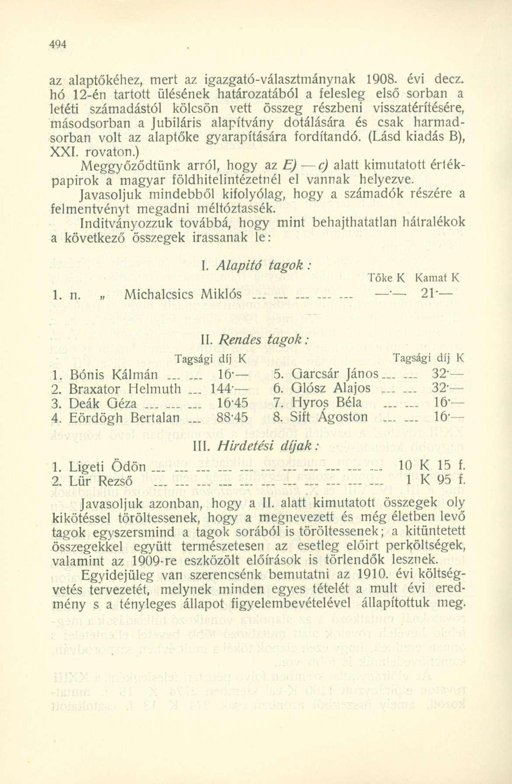 az alaptőkéhez, mert az igazgató-választmánynak 1908. évi decz.