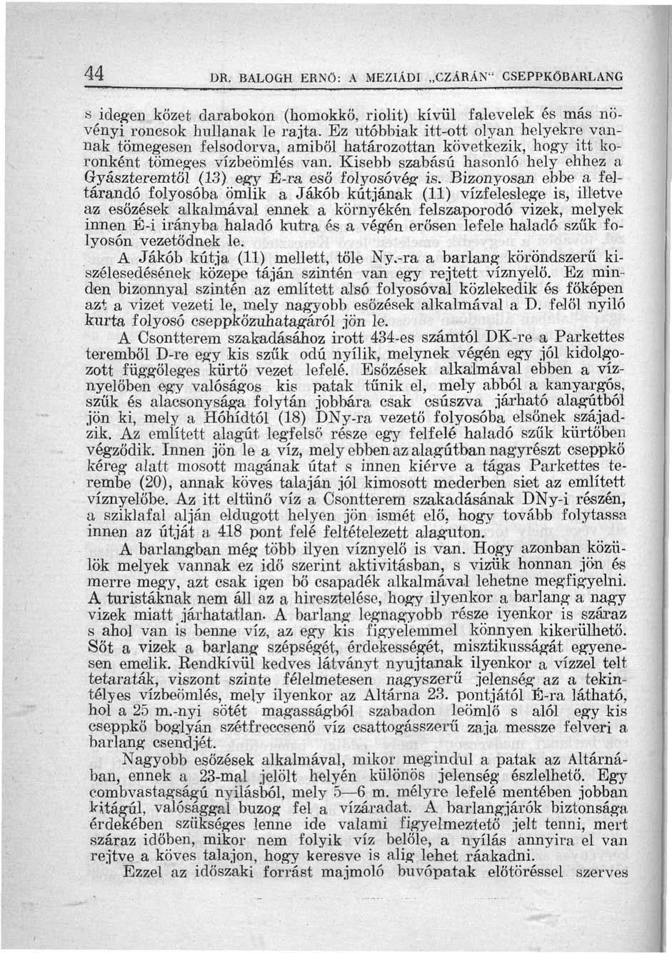44 I3R. BALOGH ERNŐ: A MEZIÁDI CZÁRÁN" CSEPPKÖBARLANG s idegen kőzet darabokon (homokkő, riolit) kívül falevelek és más növényi roncsok hullanak le rajta.