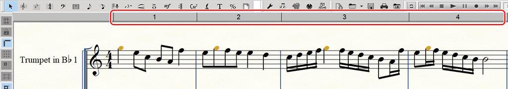 Finale 25 újdonságok FINALE Measure Number Bar Az ütemszámokat tartalmazó sáv egysoros gördíthető nézetben