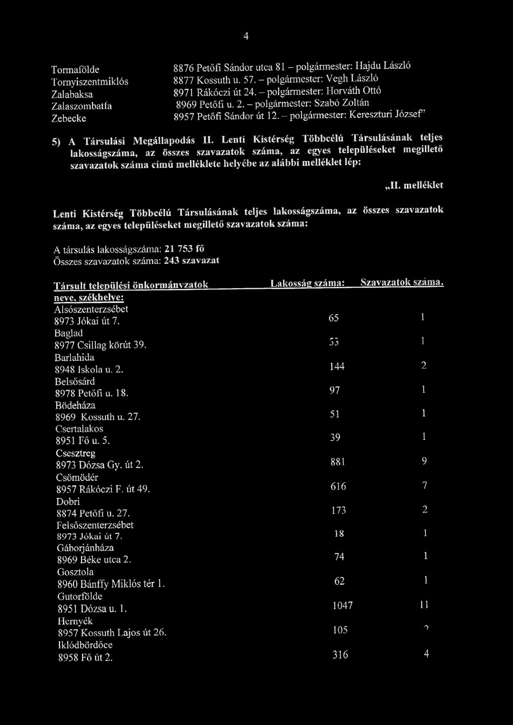 Lenti Kistérség Többcélú Társulásának teljes lakosságszáma, az összes szavazatok száma, az egyes településeket megillető szavazatok száma című melléklete helyébe az alábbi melléklet lép: II.