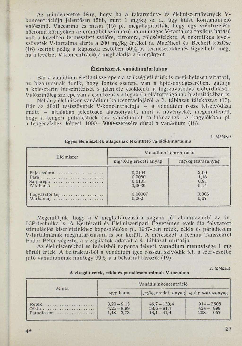 Az mindenesetre tény, hogy ha a takarmány- és élelmiszernövények V- koncentrációja jelentősen több, mint 1 mg/kg sz. a., úgy külső kontamináció valószínű. Vaccarino és mtsai (15) pl.