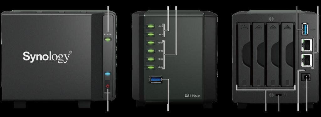 Synology DiskStation áttekintés No. Név Hely Leírás 1) Állapotjelző LED 2) Tápfeszültség gomb 3) LAN indikátorok 4) HDD indikátorok 5) USB 3.