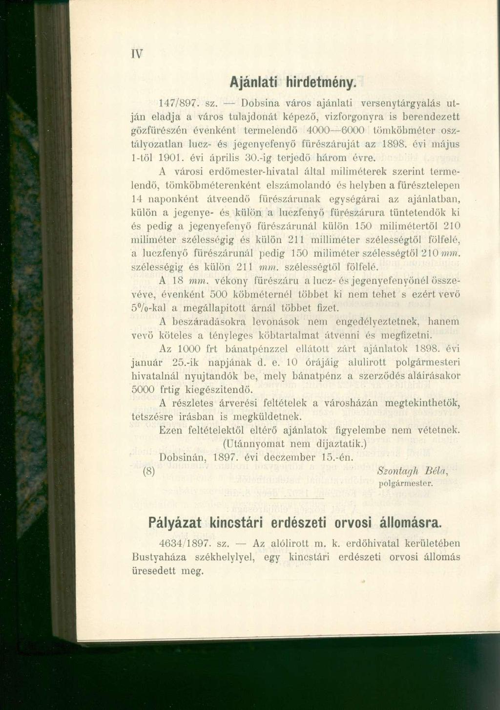 IV Ajánlati hirdetmény. 147/897. sz.