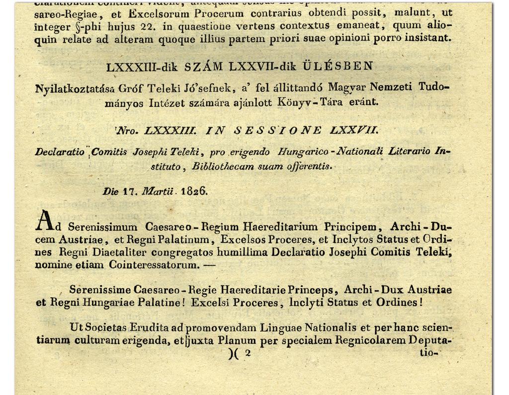 Teleki József felajánlása a Magyar Ország Gyűlésének Írásai első kötetében (1825 1826).