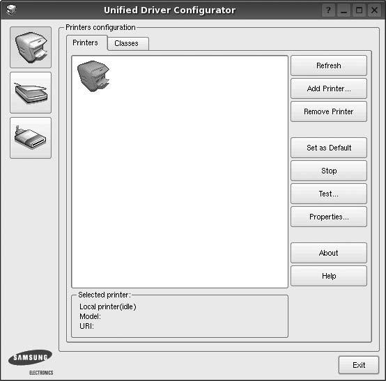 A Unified Driver Configurator (egységesítettillesztőprogrambeállító) alkalmazás használata A Unified Linux Driver Configurator elsősorban a nyomtatók konfigurálására szolgáló eszköz.