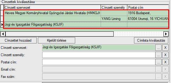 A megjelenő választólistából a kereső segítségével válasszuk ki a kívánt címzettet majd a Postai cím mezőnél válasszuk ki a címét is.