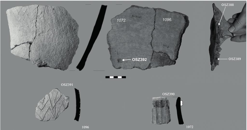 ADATOK BALATON SZÖD TEMET I-D L, KÉS RÉZKORI RITUÁLIS ÁLARC KELTEZÉSÉHEZ 375 2. ábra A 1072 1096. gödrök TL-vizsgálatra kiválasztott kerámiatöredékei Fig. 2. The pottery sherds from Pits 1072 1096 submitted for TL / OSL analyses jelentkezett.