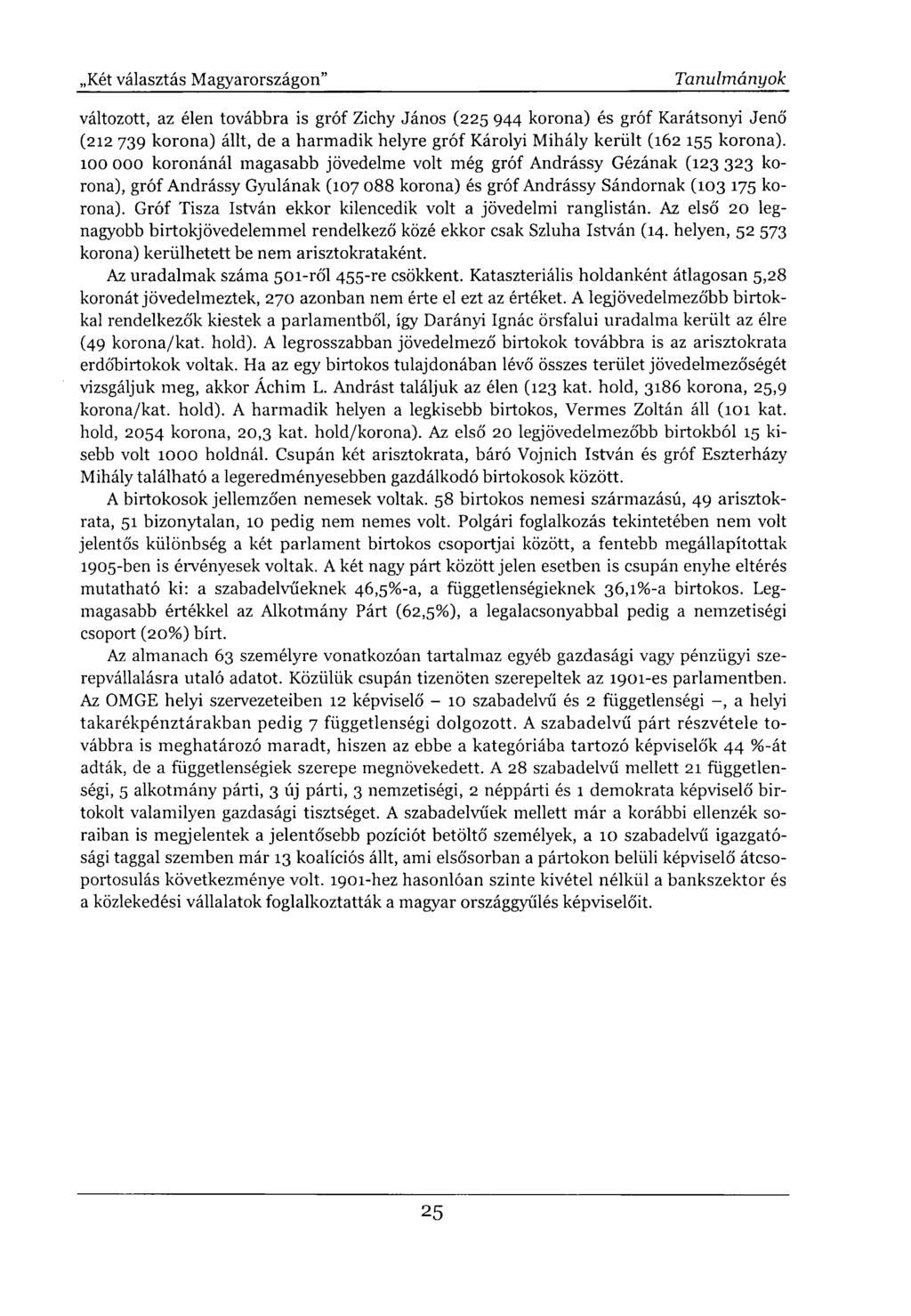 változott, az élen továbbra is gróf Zichy János (225 944 korona) és gróf Karátsonyi Jenő (212 739 korona) állt, de a harmadik helyre gróf Károlyi Mihály került (162 155 korona).