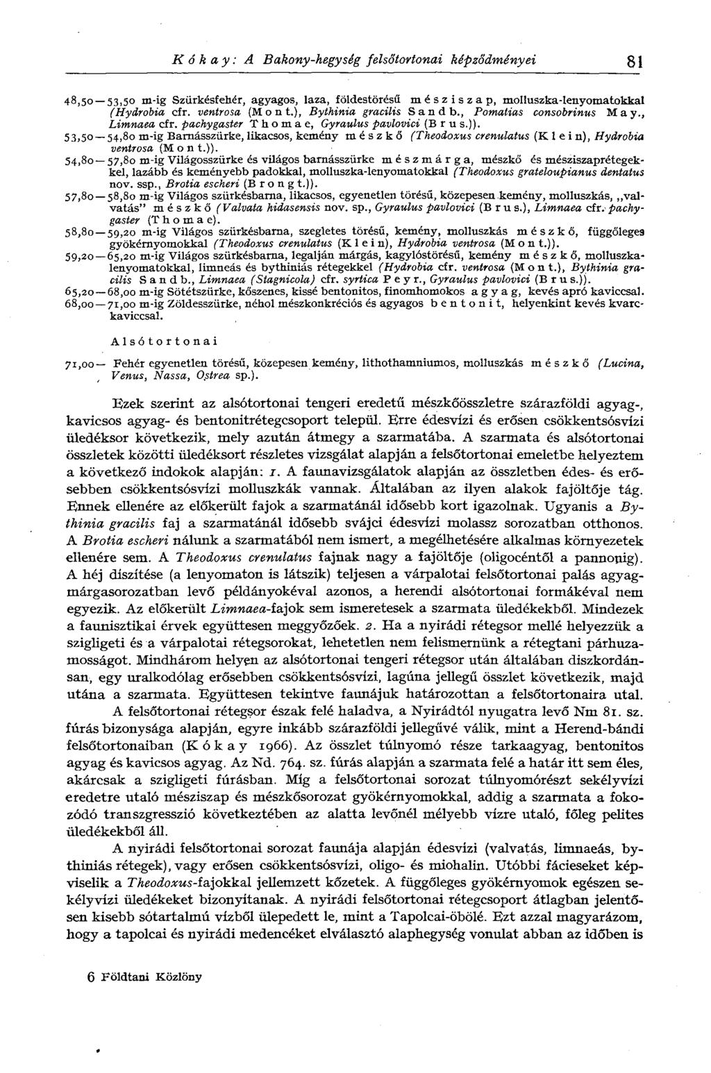 Kókay: A Bakony-hegység felsőtortonai képződményei 81 48,50 53,50 m-ig Szürkésfehér, agyagos, laza, földestörésű mésziszap, molluszka-lenyomatokkal (Hydrobia cfr. ventrosa (Mont.