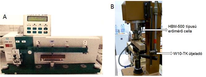 2. ábra A: Multiserw típusú hagyományos hajlítószilárdság vizsgáló berendezés, B: felszerelt szilárdságvizsgáló berendezés Az útjeladóval és erőmérő cellával felszerelt szilárdságvizsgáló berendezés