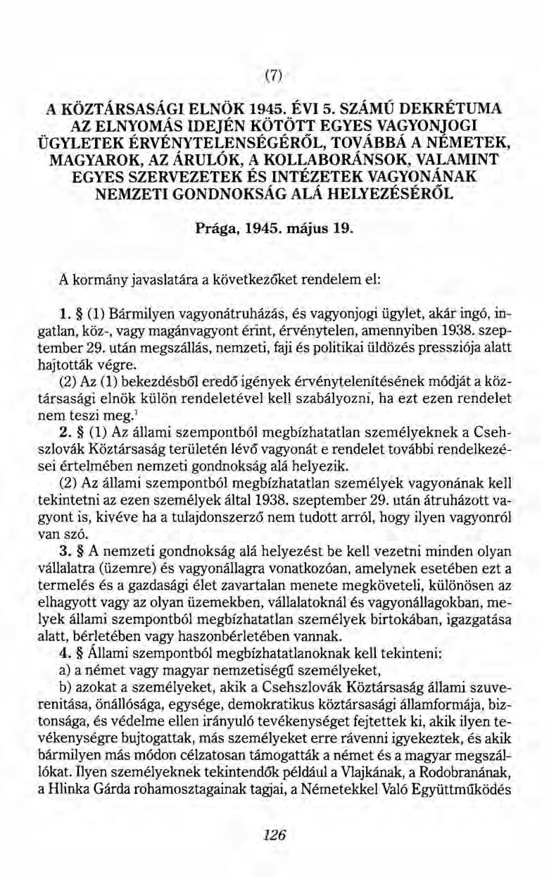 (7) A KÖZTÁRSASÁGI ELNÖK 1945. ÉVI 5.
