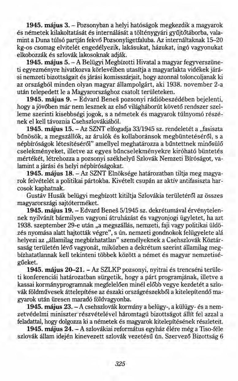 1945. május 3. - Pozsonyban a helyi hatóságok megkezdik a magyarok és németek kilakoltatását és internálását a tölténygyári gyűjtőtáborba, valamint a Duna túlsó partján fekvő Pozsonyligetfaluba.