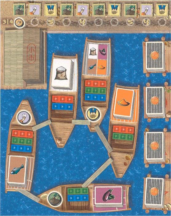 A játéktábla 3 játékos esetén A kártyák és a kereskedők elhelyezése 3 és 4 játékos esetén azonos, de 3 játékos esetén csak a segédek alsó sávja használható.