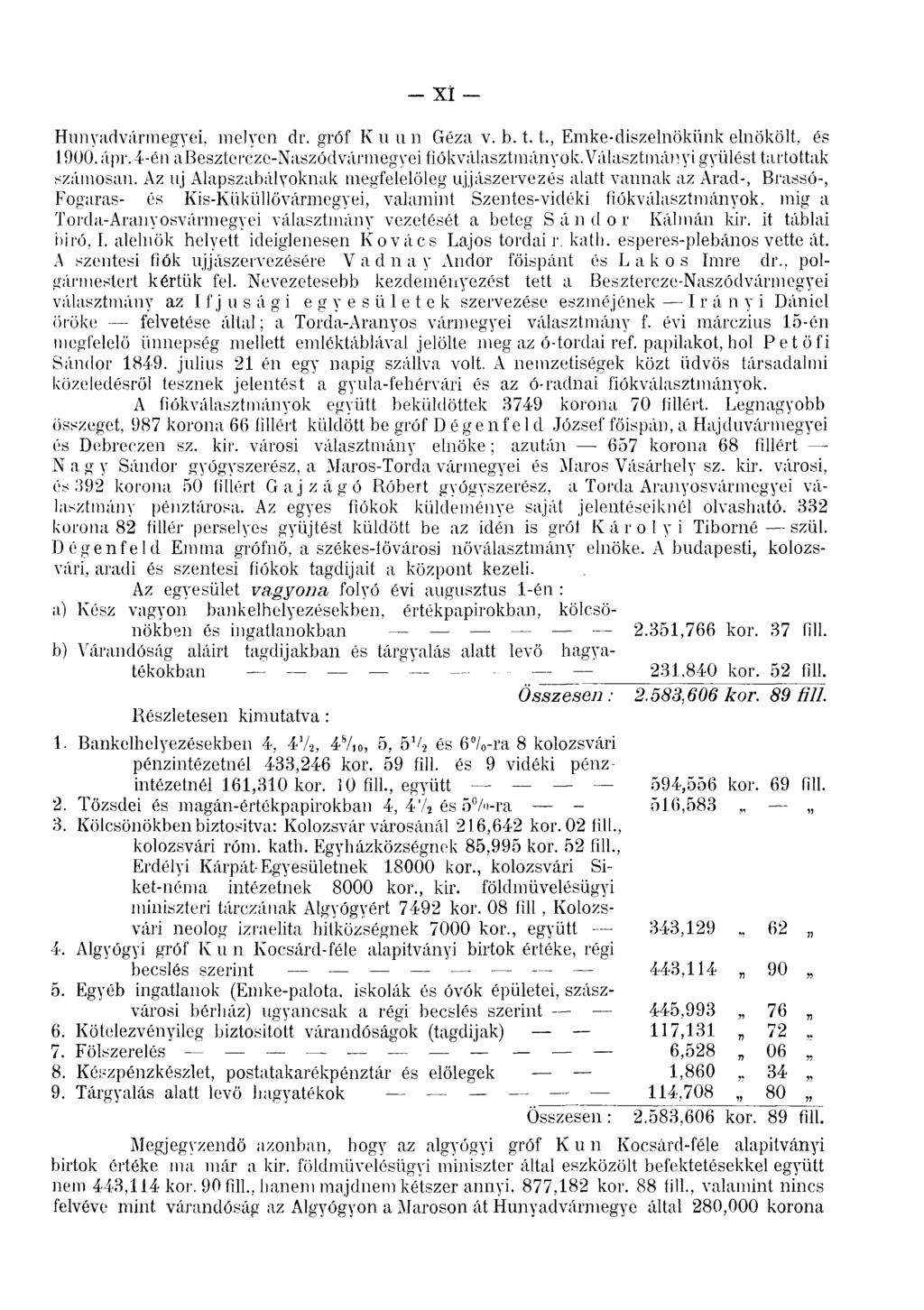 - XI Hun yadvárm egyei, melyen dr. gróf K u u n Géza v. b. 1.1., Emke-diszelnökünk elnökölt, és 1900. ápr.4-én abesztercze-naszódvármegyei fiókválasztmányok. Választmányi gyűlést tartottak számosan.