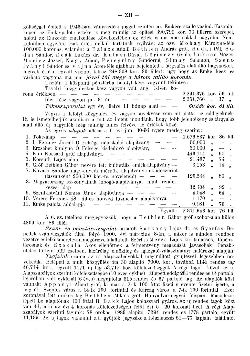 XII költséggel épített s 1946-ban váinszedési joggal szintén az Emkére szálló vashíd. Hasonló képen az Emke-palota értéke is még mindig az építési 390,799 kor.