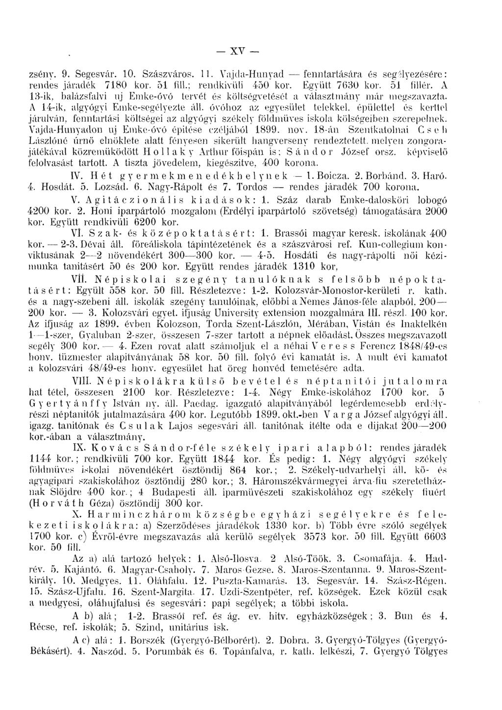 XV zsény. 9. Segesvár. 10. Szászváros. 11. Vajda-Hunyad fenntartására és segélyezésére: rendes járadék 7180 kor. 51 fill.; rendkívüli 450 kor. Együtt 7630 kor. 51 fillér. A 13-ik.