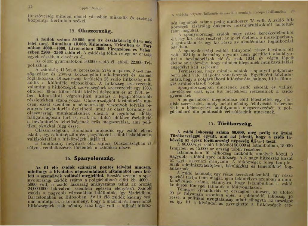 22 Fpplcr S;índor túrszö\'elség minclcn német Yárosban működik és ezeknek l;.özponlja Berlinben székel. 15. Olaszország. A zsidók száma 50.000, ami az összlakó~ság 0.1 % -nak felel meg. Rómában 10.