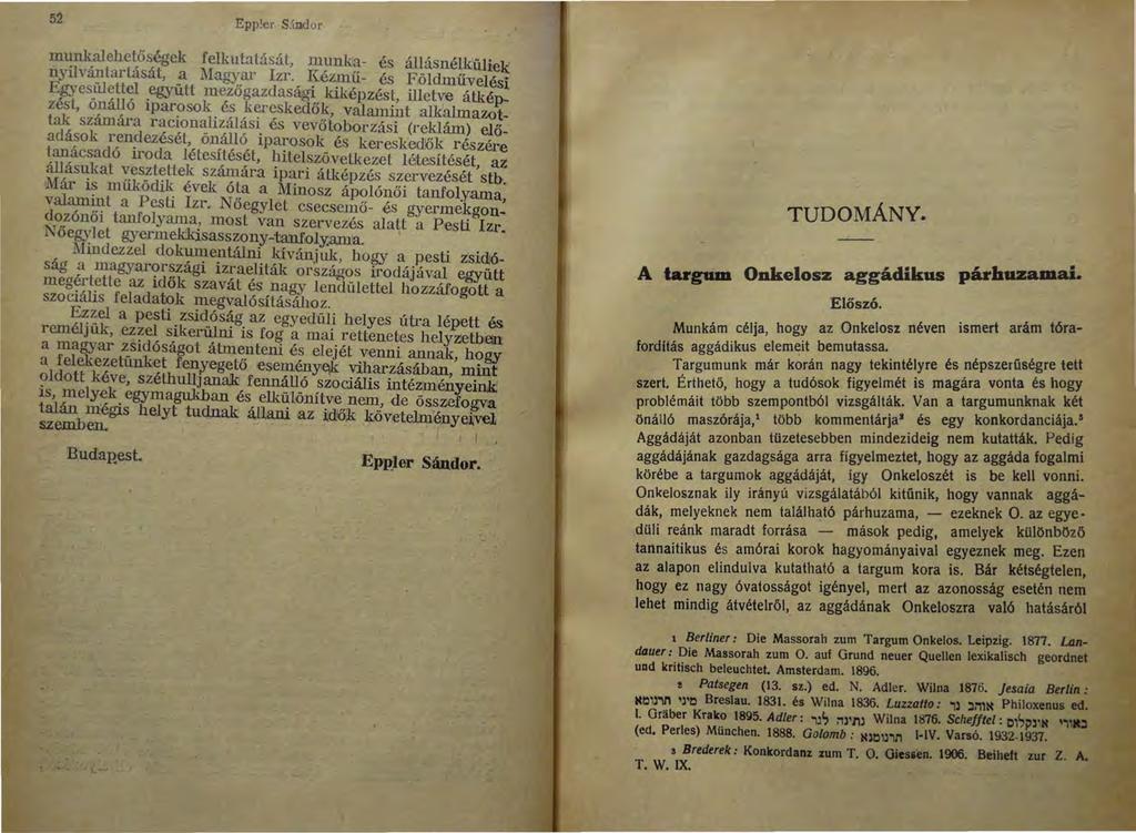 52 Eppler S:lnclor munkalehctőségek felkutn.tásál, munka- és állásnélküliek nyilvántarlását, a Magyar Izr.