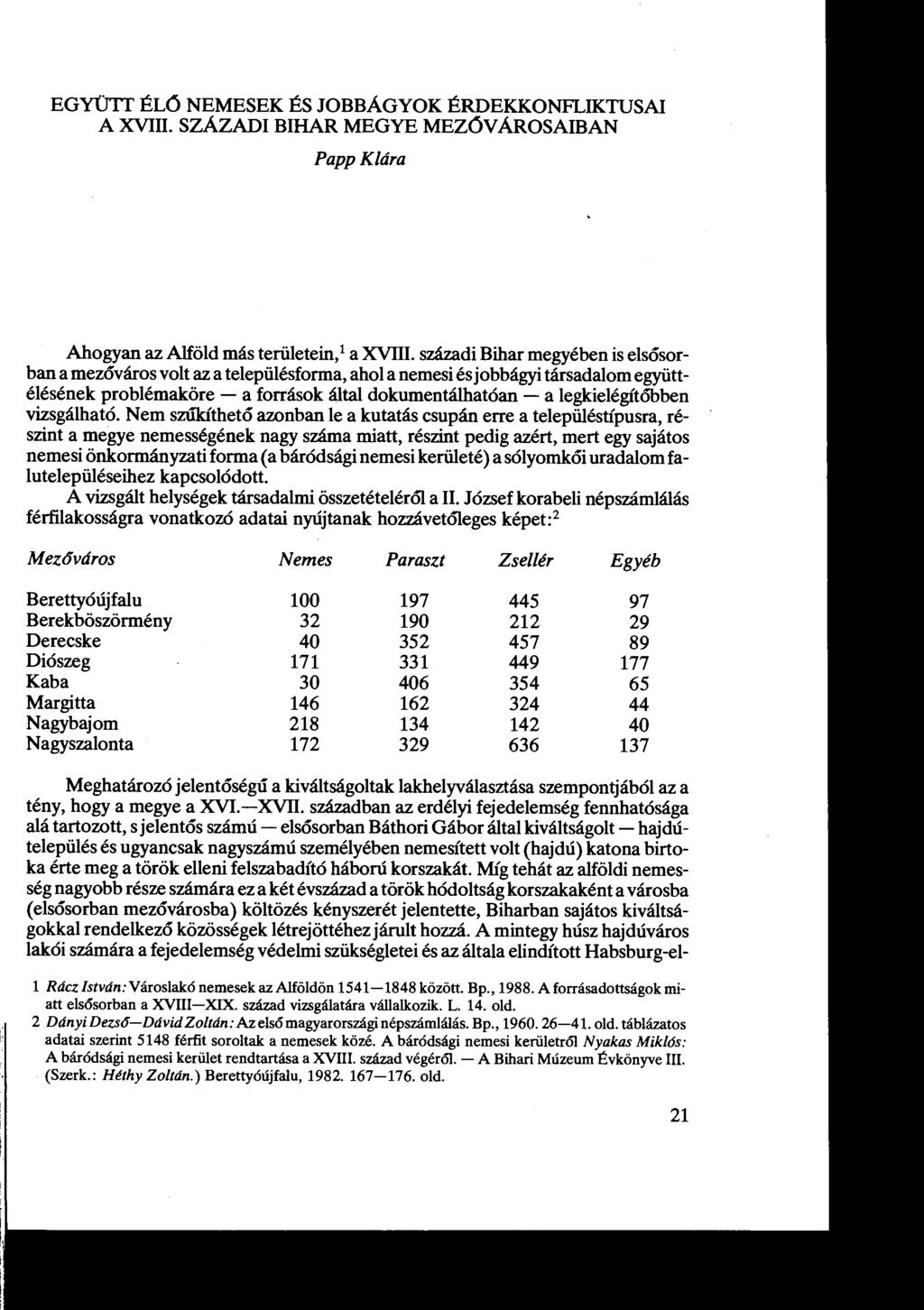 EGYÜTT ÉL6 NEMESEK ÉS JOBBÁGYOK ÉRDEKKONFLIKTUSAI A XVIII. SZÁZADI BIHAR MEGYE MEZ6VÁROSAIBAN Papp Klára Ahogyan az Alföld más területein,i a XVIII.