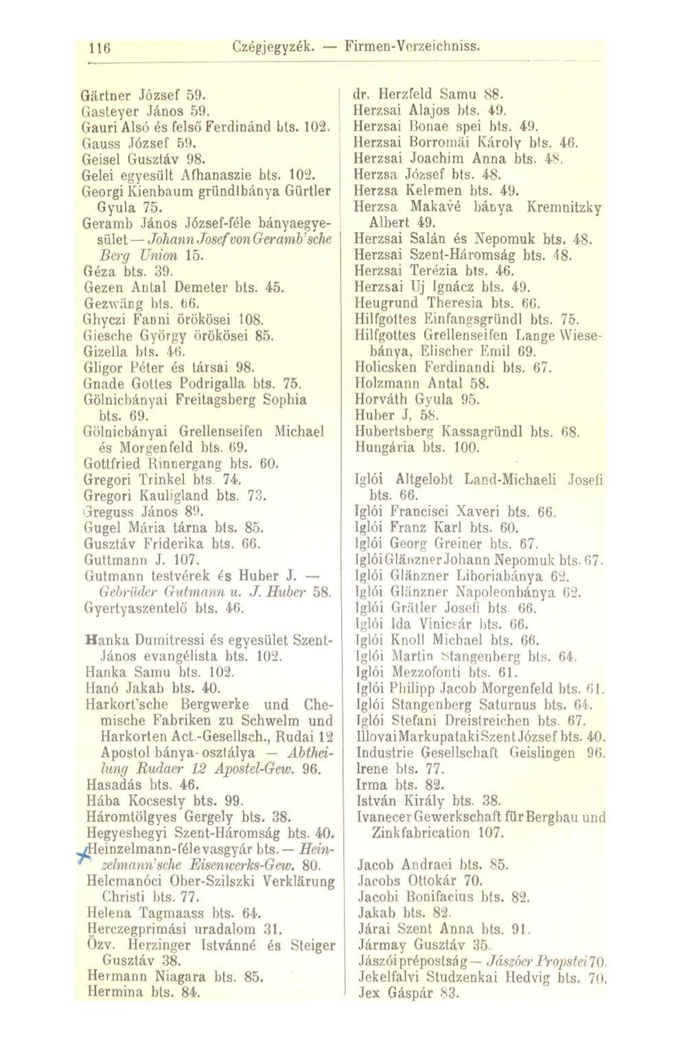 116 Czégjegyzék. Firmen-Vorzeichniss. Gärtner József 59. Gasteyer János 59. Gauri Alsó és felső Ferdinánd bts- 102. Gauss József 59. Geisel Guszláv 98. Gelei egyesült Afhanaszie bts. 102. Georgi Kienbaum gründlbánya Gürtler Gyula 75.