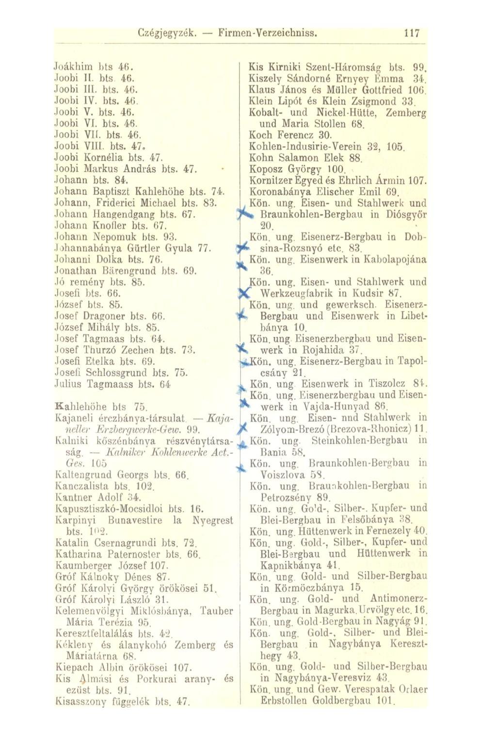 Czégjegyzék. Firmen-Verzeichniss. 117 Joákhim Ms 46. Joobi II. bts 46. Joobi III. bts. 46. Joobi IV. bts. 46. Joobi V. bts. 46. Joobi VI. bts. 46. Joobi Vlf. bts. 46. Joobi VIII. bts. 47» Joobi Kornélia bts.