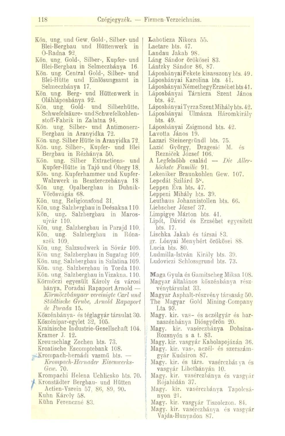 118 Czégjegyzék. Firmcn-Verzcichniss. Kon. ung. und Gew. Gold-, Sil her- und Blei-Bergbau und Hüttenwerk in O-Radna 92. Kön. ung. Gold-, Silber-, Kupfer- und Blei-Bergbau in Selmeczbánya 16. Kön. ung. Central Gold-, Silber- und Blei-Hütte und Einlösungsamt in Selmeczbánya 17.