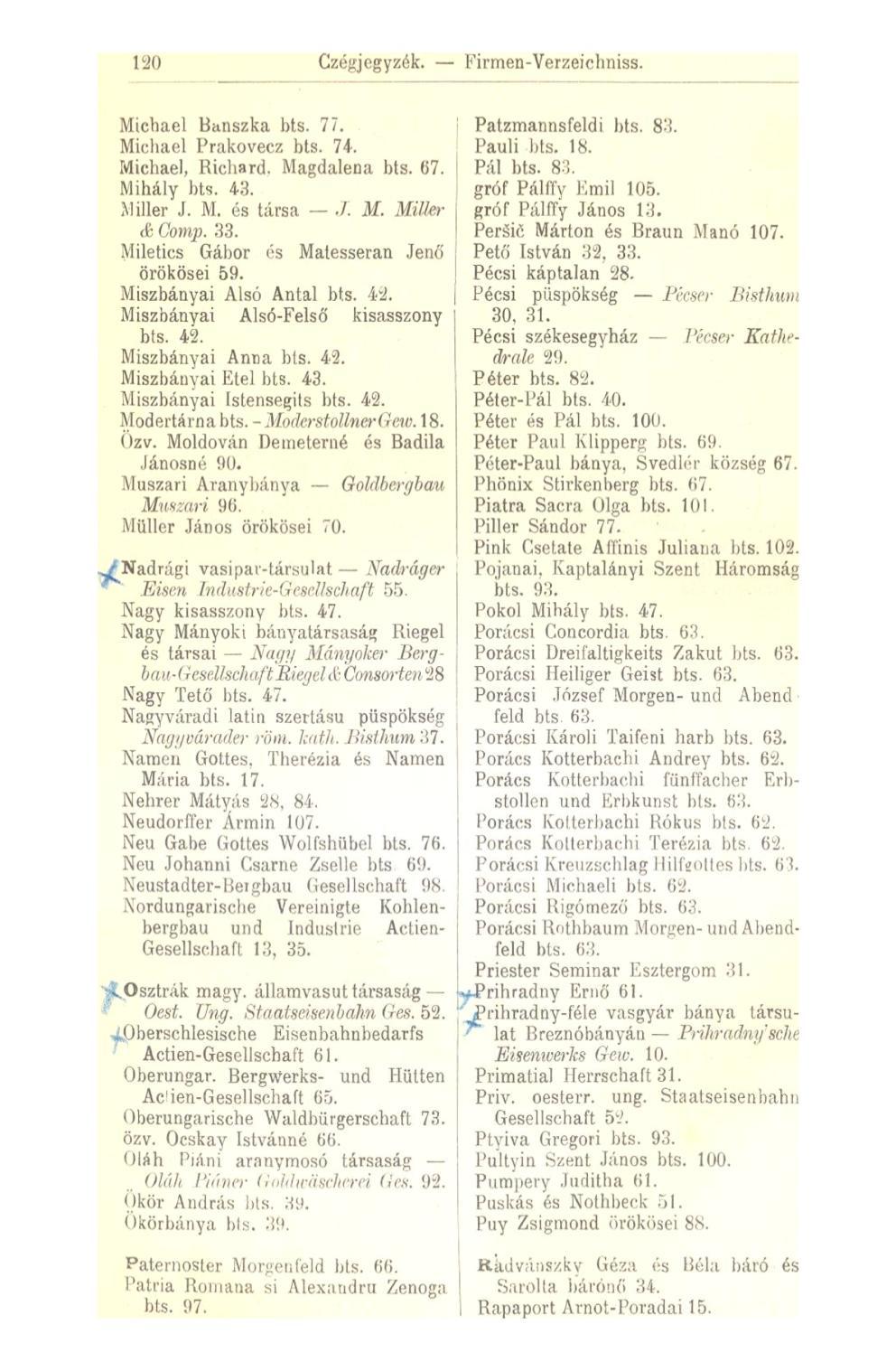Czégjegyzék. Firmen-Verzeichniss. Michael Banszka bts. 77. Michael Prakovecz bts. 74. Michael, Richard. Magdalena bts. (57. Mihály bts. 43. Miller J. M. és társa./. M. Miller & Comp. 33.