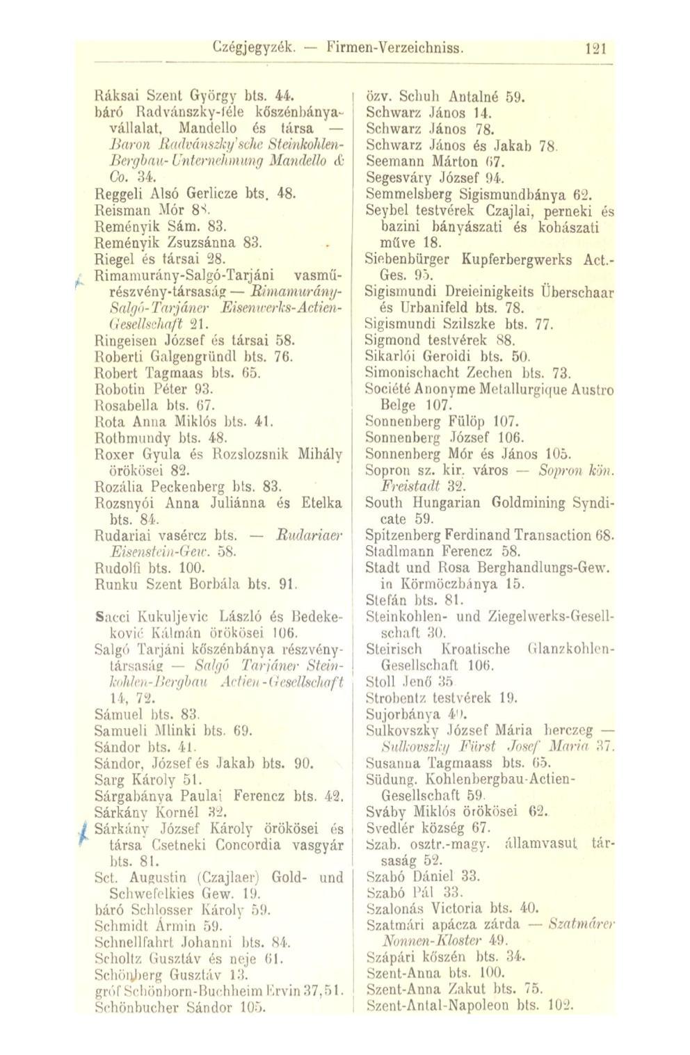 121 Ráksai Szent György bts. 44. báró Radvánszky-léle kőszénbányavállalat, Mandello és (ársa Baron líadmuiszky'.st he Steinkohlen- Schwarz János és Jakab 78. lieri/bnu- Unternehmnnq Mandello <!